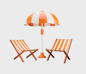 Sun beach umbrella with beach chair isolated on white background. 3d rendered illustration