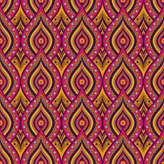 Vector ethnic colorful Indian flower style seamless pattern background. Use for fabric, textile, interior decoration elements, upholstery, wrapping.