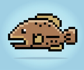 Pixel 8 bit brown trout fish. Animals for game assets in vector illustration.