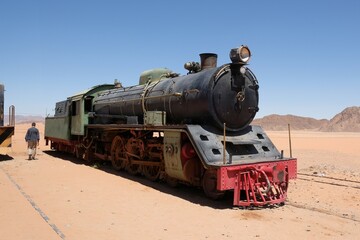 Fototapeta na wymiar Hijab railway locomotive at a railway station in the Jordanian desert. Jordan