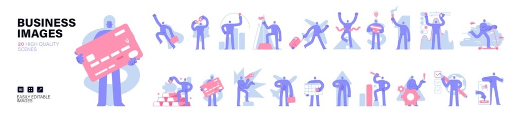 Mega set with business scenes. Business Concept illustrations. Collection of characters taking part in business activities. Vector illustration in modern flat style