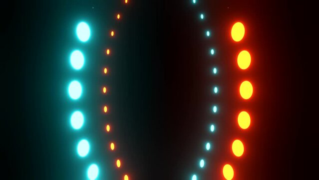 Colored moving dots as timer or progress bar. Rows of blue and orange colored dots moves in the opposite direction  towards each other. 3D animation