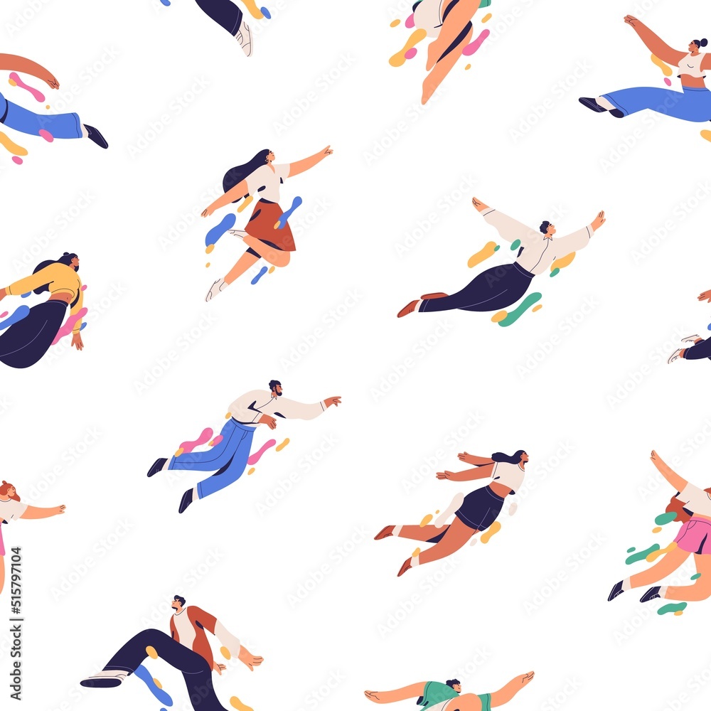 Aufkleber seamless pattern with happy flying people. repeating background with free active young men and women