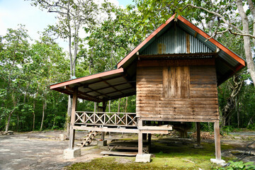 wooden house in the forest. hut on the stone terrace