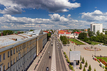 Tomsk cityscape top view. Modern city in Russia from aerial view. 