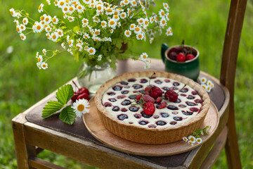 berries and cottage cheese summer cake or tart - 515798381