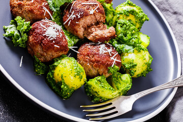 finnish beef meatballs with potatoes and pesto