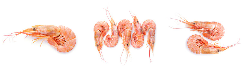 Set of tasty boiled shrimps on white background, top view