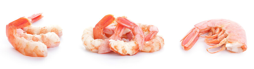 Set of tasty boiled shrimps on white background