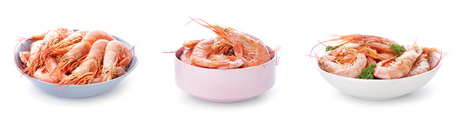 Set of bowls with tasty shrimps on white background