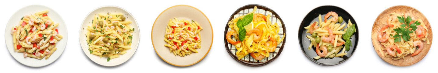 Set of plates with tasty pasta and shrimps on white background, top view