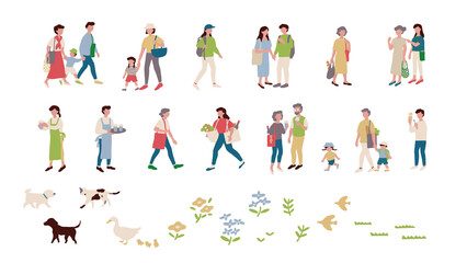 休日のファミリー/男性＆女性のベクターイラスト素材 Weekend people motif vector illustrations.Market/family/shopping