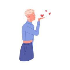 Woman sending air kiss, blowing hearts, expressing love, affection feelings. Happy young girl profile gesturing with hand on Valentine day. Flat vector illustration isolated on white background