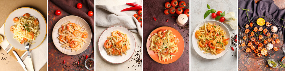 Collage of tasty shrimps with pasta and spices on table, top view