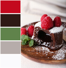 Plate with tasty lava cake fondant and raspberry on table, closeup. Different color patterns