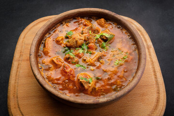 Georgian national dish Ojakhuri, in a clay plate