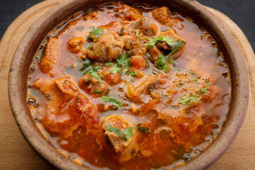 Georgian national dish Ojakhuri, in a clay plate