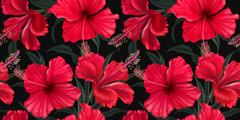 Lovely red hibiscus flowers. Seamless tropical wallpaper. Exotic tropical pattern. Hand drawn 3d illustration for fabric, wallpaper, paper - obrazy, fototapety, plakaty