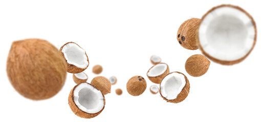 Flying coconuts, isolated on white background