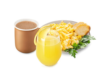 Cup of aromatic cocoa drink on white background