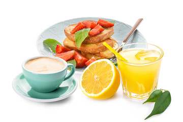 Cup of hot cappuccino coffee on white background