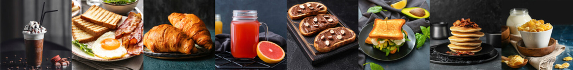 Set of tasty breakfasts on dark background