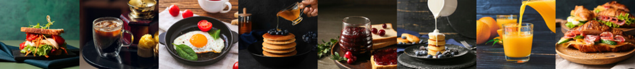Set of tasty breakfasts on dark background