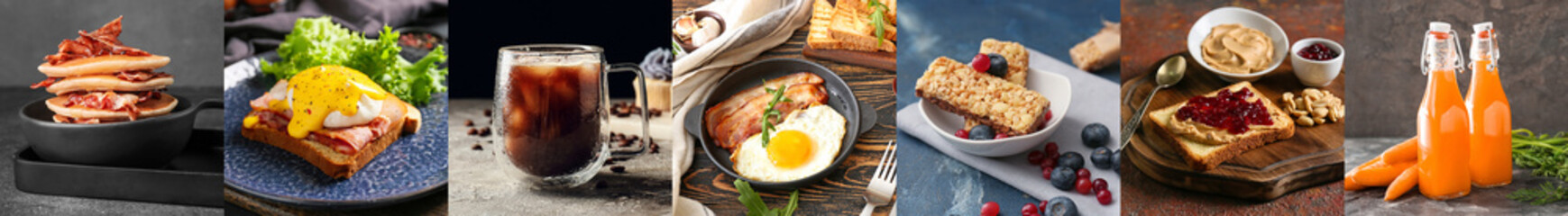 Set of tasty breakfasts on dark background
