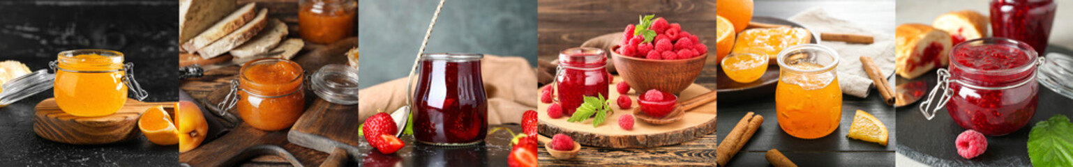 Collage with different types of sweet jam