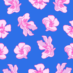 seamless pattern with pink flowers, oleander summer blossom on a blue background 