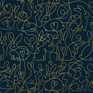 Golden one line drawing rabbits seamless pattern. Easter background. Gold Pattern for wallpaper, web, decals, fashion fabric, textile, background for holiday greeting card or christmas decor. Vector.