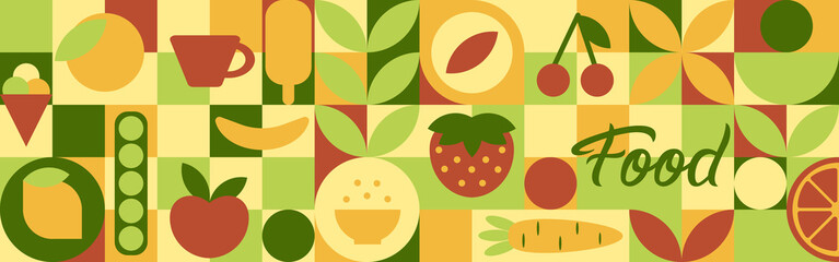 Food - set of geometric shapes, circles and squares drawn in flat cartoon vector, word lettering. Fruits and vegetables in modern trendy style - apple, orange, lemon, cherry and pea.