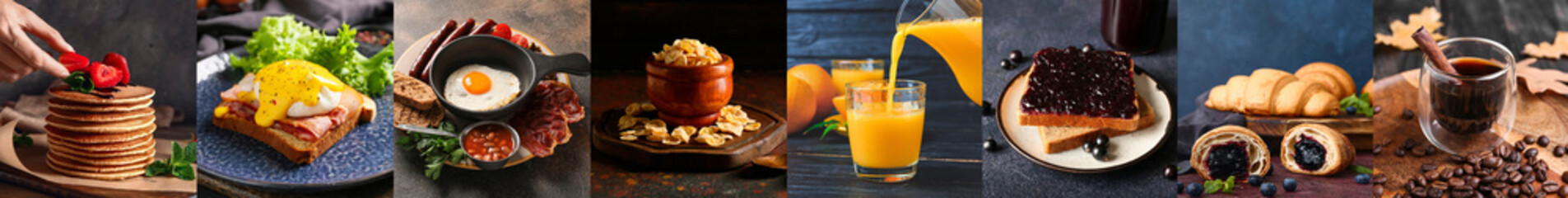 Set of tasty breakfasts on dark background