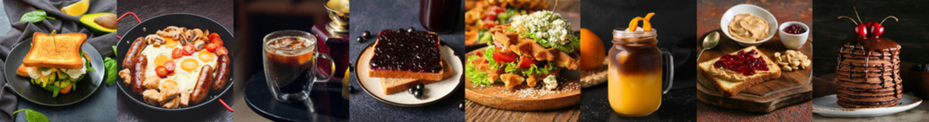 Set of tasty breakfasts on dark background