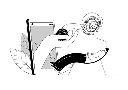 A thoughtful person is sitting at a mobile phone, immersed in his thoughts. Vector illustration on the topic of psychological help online.