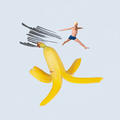 Contemporary art collage. Creative design with man in swimming shorts and cap jumping over banana