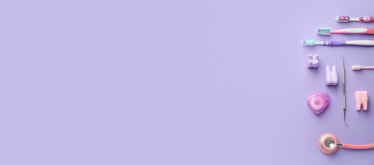 Set for oral hygiene on lilac background with space for text - obrazy, fototapety, plakaty