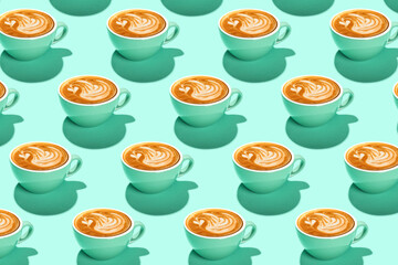 Many cups of hot coffee on color background. Pattern for design