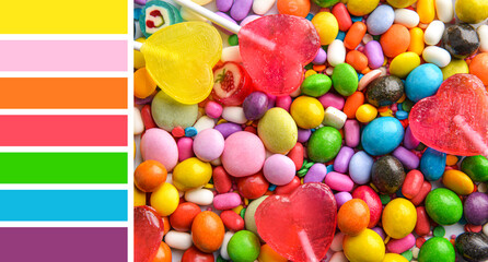 Assortment of tasty candies, closeup. Different color patterns