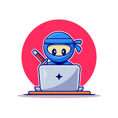 Cute Ninja Working On Laptop Cartoon Vector Icon Illustration. People Technology Icon Concept Isolated Premium Vector. Flat Cartoon Style © catalyststuff