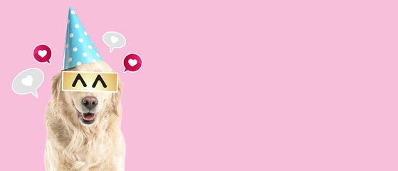 Cute Labrador dog with drawn eyes and birthday cap on pink background with space for text