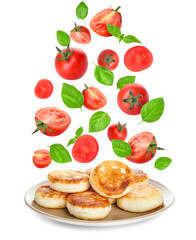 Plate with tasty cottage cheese pancakes on white background