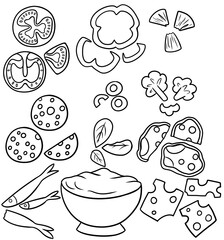 Monochrome set with various toppings for pizza in cartoon style, pizza filler, various toppings
