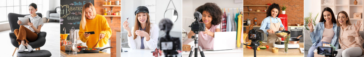 Collage of different young female bloggers recording videos at home