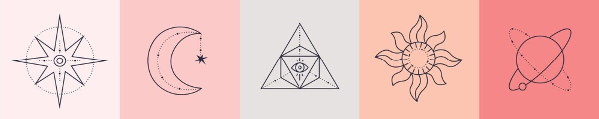 Esoteric elements collection. Magic icons minimalist symbols, Hand drawn linear vector illustration