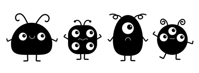 Obraz premium Happy Halloween. Cute monster icon set line. Kawaii cartoon funny baby character. Sticker print template. Black silhouette. Eyes, horn, fang teeth tongue. Flat design. White background.