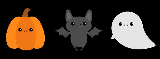 Happy Halloween. Bat, ghost spirit, pumpkin with face. Cute cartoon kawaii funny baby character set. Flat design. Black background. Isolated.