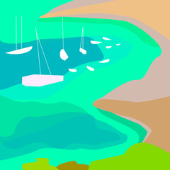 Sea landscape of island or mediterranean coast  in flat style. White sailboat in blue sea, green trees. Vector graphics. EPS 10