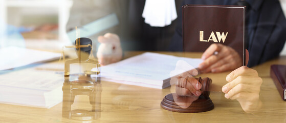 Collage with judge, notary public stamp, and lawyer with book