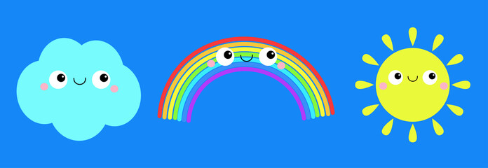 Sun, rainbow, cloud icon set line. Cute cartoon kawaii funny baby character. Baby collection. Smiling face emotion. Flat design. Pastel color. Isolated. Blue background.